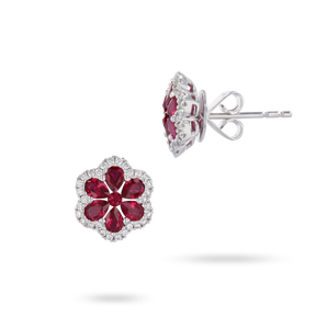 18ct White Gold Ruby & Diamond Flower Stud Earrings