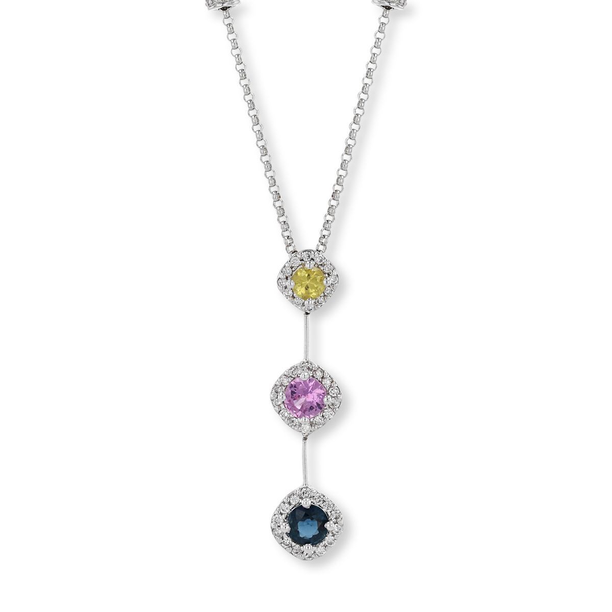 18ct White Gold Fancy Sapphire & Diamond Trilogy Drop Necklace