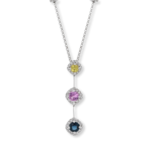 18ct White Gold Fancy Sapphire & Diamond Trilogy Drop Necklace