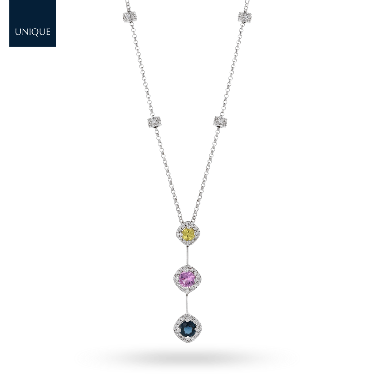 18ct White Gold Fancy Sapphire & Diamond Trilogy Drop Necklace