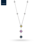 18ct White Gold Fancy Sapphire & Diamond Trilogy Drop Necklace