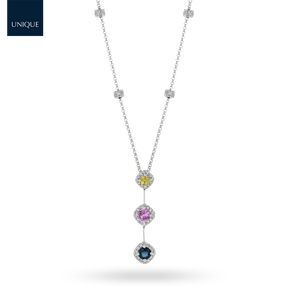 18ct White Gold Fancy Sapphire & Diamond Trilogy Drop Necklace