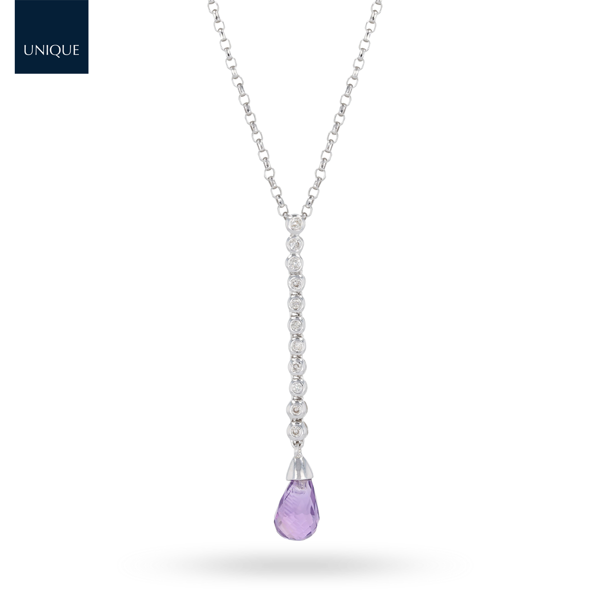 18ct White Gold Amethyst & Diamond Briolette Drop Pendant