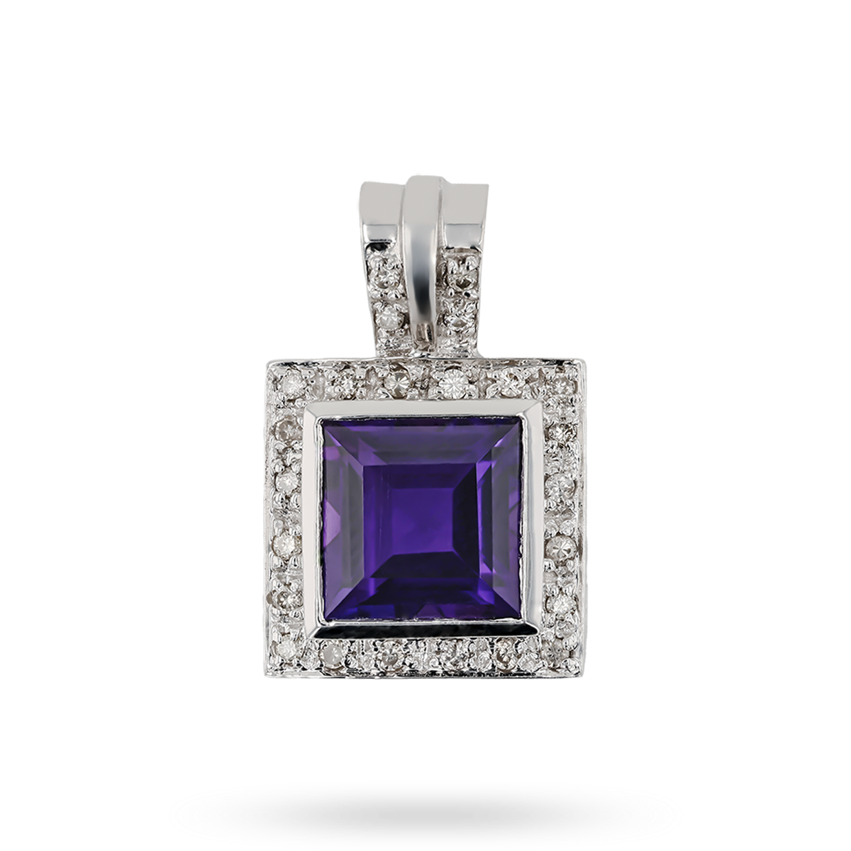 18ct White Gold Amethyst & Diamond Square Pendant