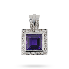 18ct White Gold Amethyst & Diamond Square Pendant