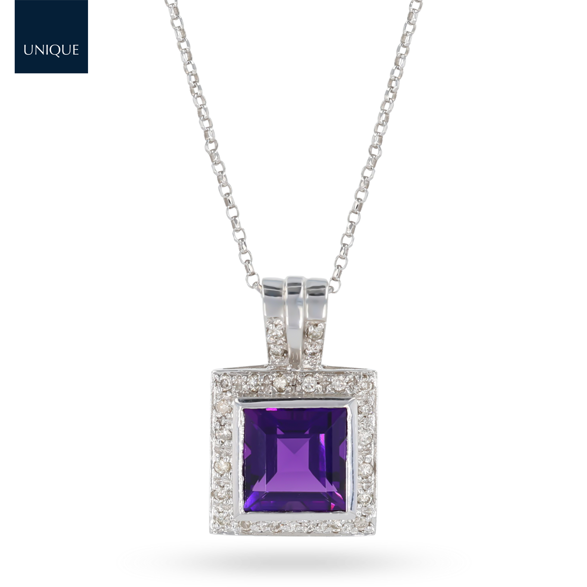 18ct White Gold Amethyst & Diamond Square Pendant & Chain