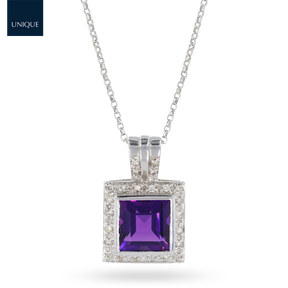 18ct White Gold Amethyst & Diamond Square Pendant & Chain