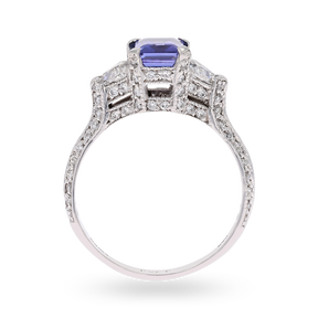 Platinum Emerald Cut Certified 1.32ct Tanzanite & Diamond Trilogy Ring