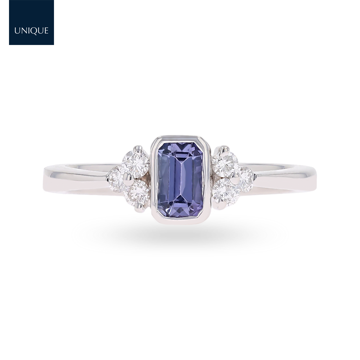 18ct White Gold Emerald Cut Tanzanite Solitaire with Diamond Set Shoulders Ring