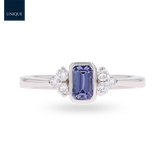 18ct White Gold Emerald Cut Tanzanite Solitaire with Diamond Set Shoulders Ring