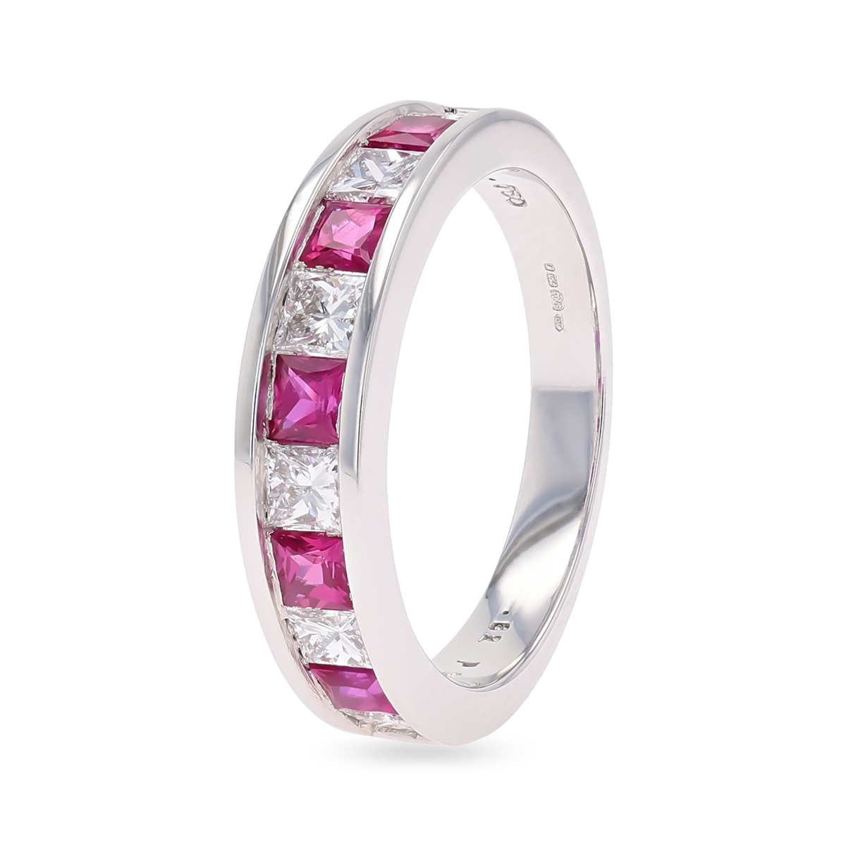 18ct White Gold Princess Cut Ruby & 0.82cts Diamond Channel Set Eternity Ring