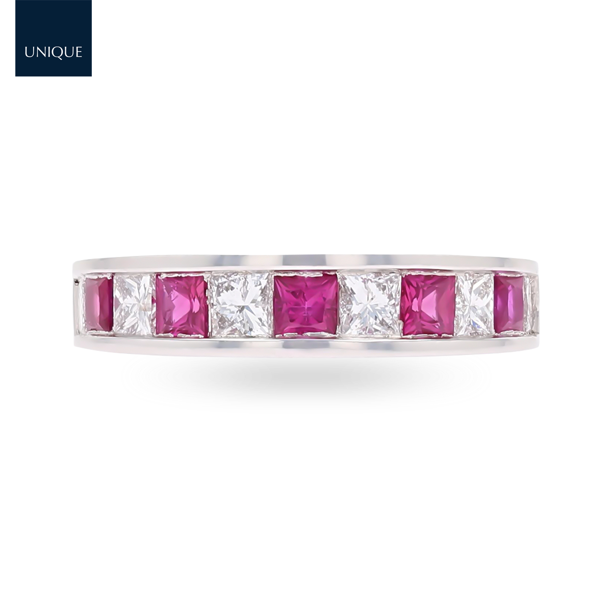 18ct White Gold Princess Cut Ruby & 0.82cts Diamond Channel Set Eternity Ring