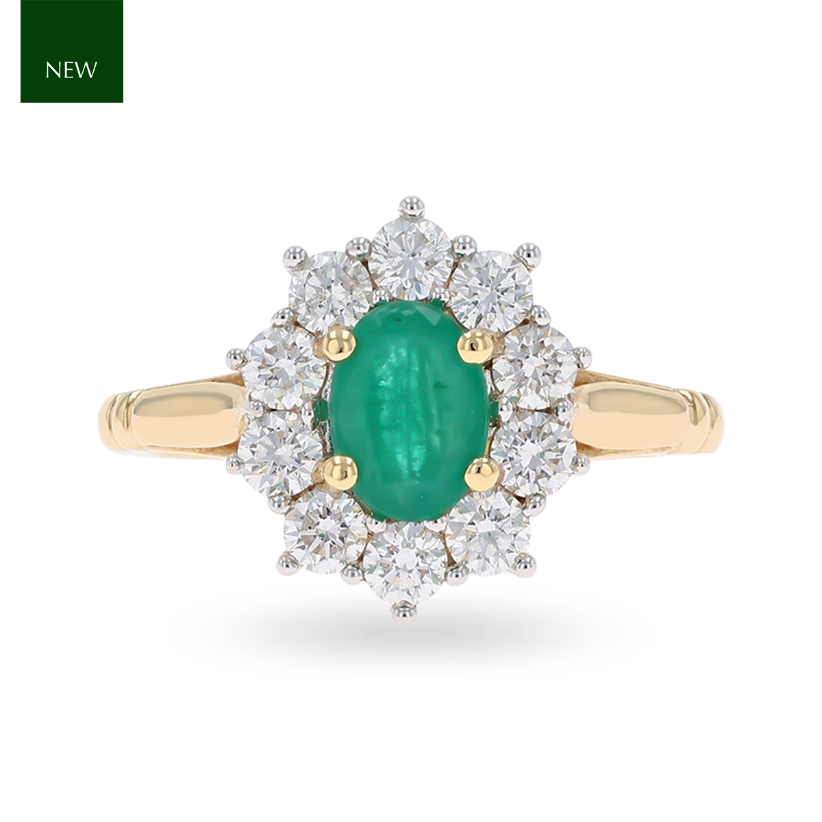 18ct Yellow Gold Oval Shaped Emerald & Diamond Cluster Ring