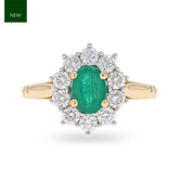 18ct Yellow Gold Oval Shaped Emerald & Diamond Cluster Ring