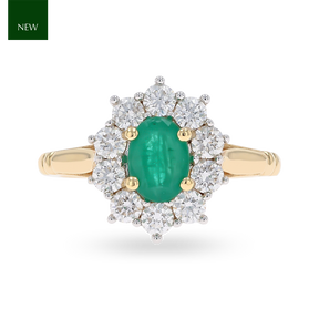 18ct Yellow Gold Oval Shaped Emerald & Diamond Cluster Ring