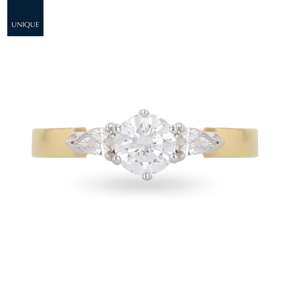 18ct Yellow Gold Round Brilliant & Pear Cut 0.77ct Diamond Trilogy Ring