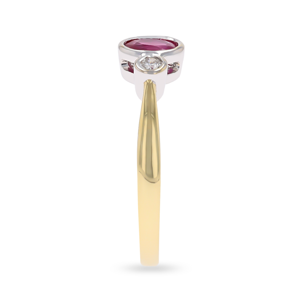 18ct Yellow Gold Ruby & Diamond Bezel Set Trilogy Ring
