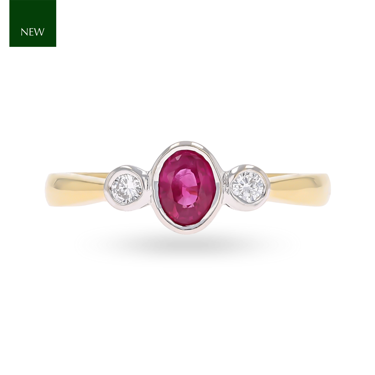 18ct Yellow Gold Ruby & Diamond Bezel Set Trilogy Ring