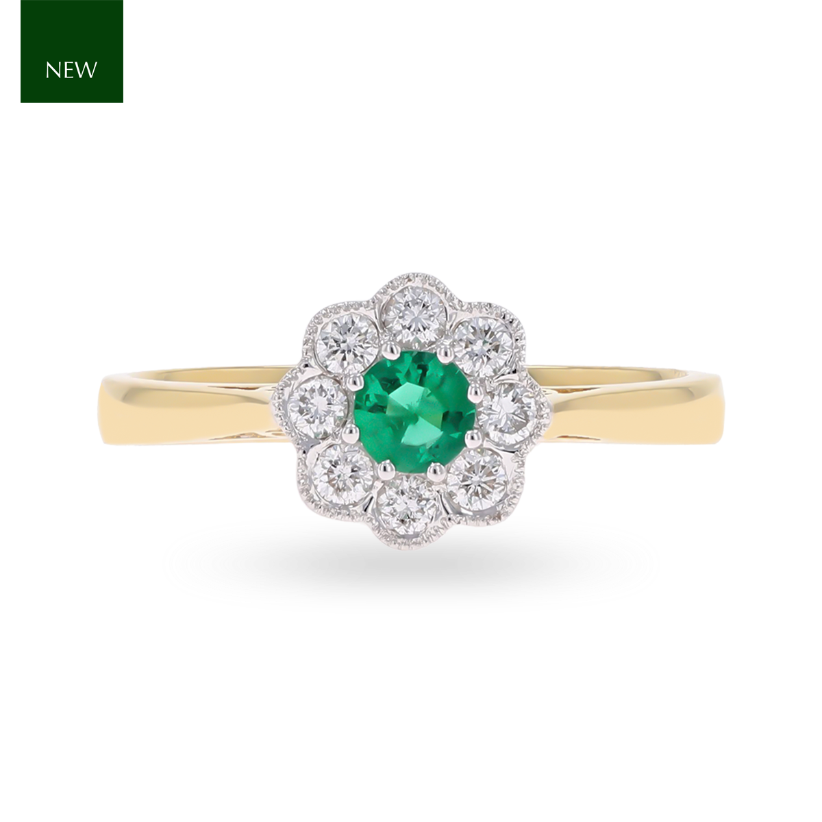 18ct Yellow Gold Emerald & Diamond Flower Cluster Ring