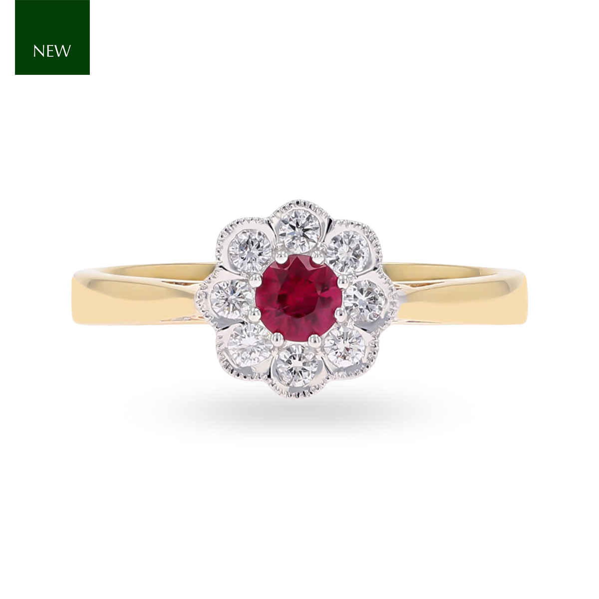 18ct Yellow Gold Ruby & Diamond Flower Cluster Ring