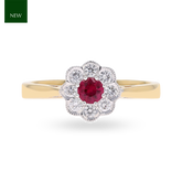 18ct Yellow Gold Ruby & Diamond Flower Cluster Ring