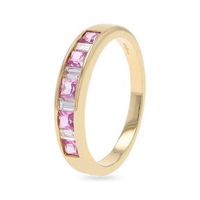 18ct Yellow Gold Princess Cut Pink Sapphire & Baguette Cut Diamond Eternity Ring