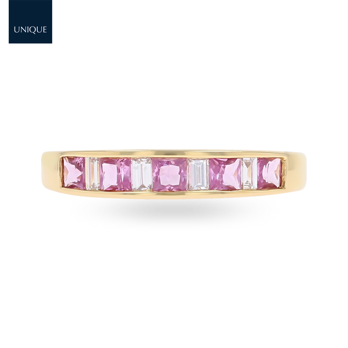 18ct Yellow Gold Princess Cut Pink Sapphire & Baguette Cut Diamond Eternity Ring