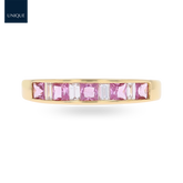 18ct Yellow Gold Princess Cut Pink Sapphire & Baguette Cut Diamond Eternity Ring