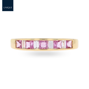 18ct Yellow Gold Princess Cut Pink Sapphire & Baguette Cut Diamond Eternity Ring