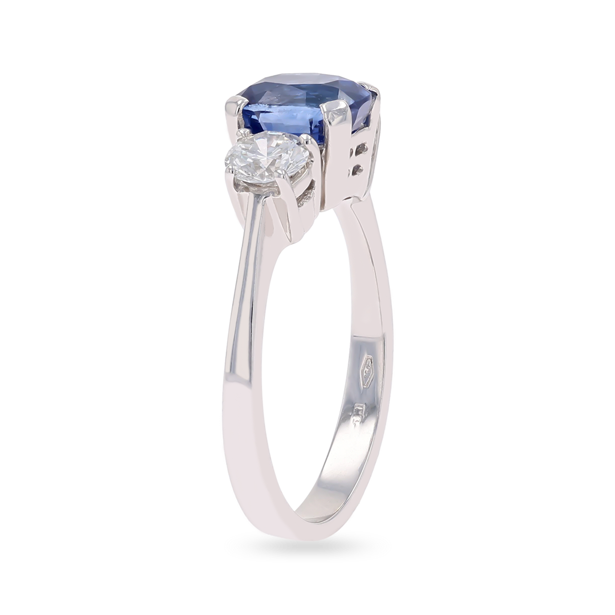 18ct White Gold Cushion Shaped Sapphire & Diamond Trilogy Ring - Side