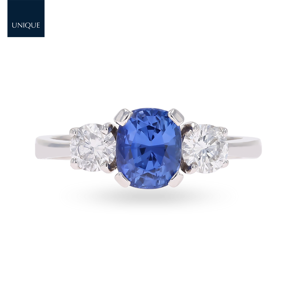 18ct White Gold Cushion Shaped Sapphire & Diamond Trilogy Ring