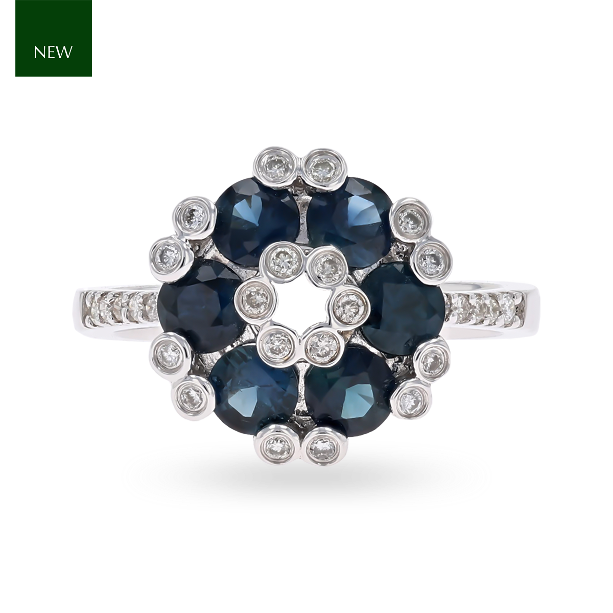 18ct White Gold Sapphire & Diamond Cluster With Diamond Set Shoulders Ring