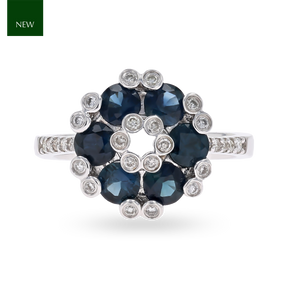 18ct White Gold Sapphire & Diamond Cluster With Diamond Set Shoulders Ring