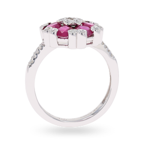 18ct White Gold Ruby & Diamond Cluster With Diamond Set Shoulders Ring