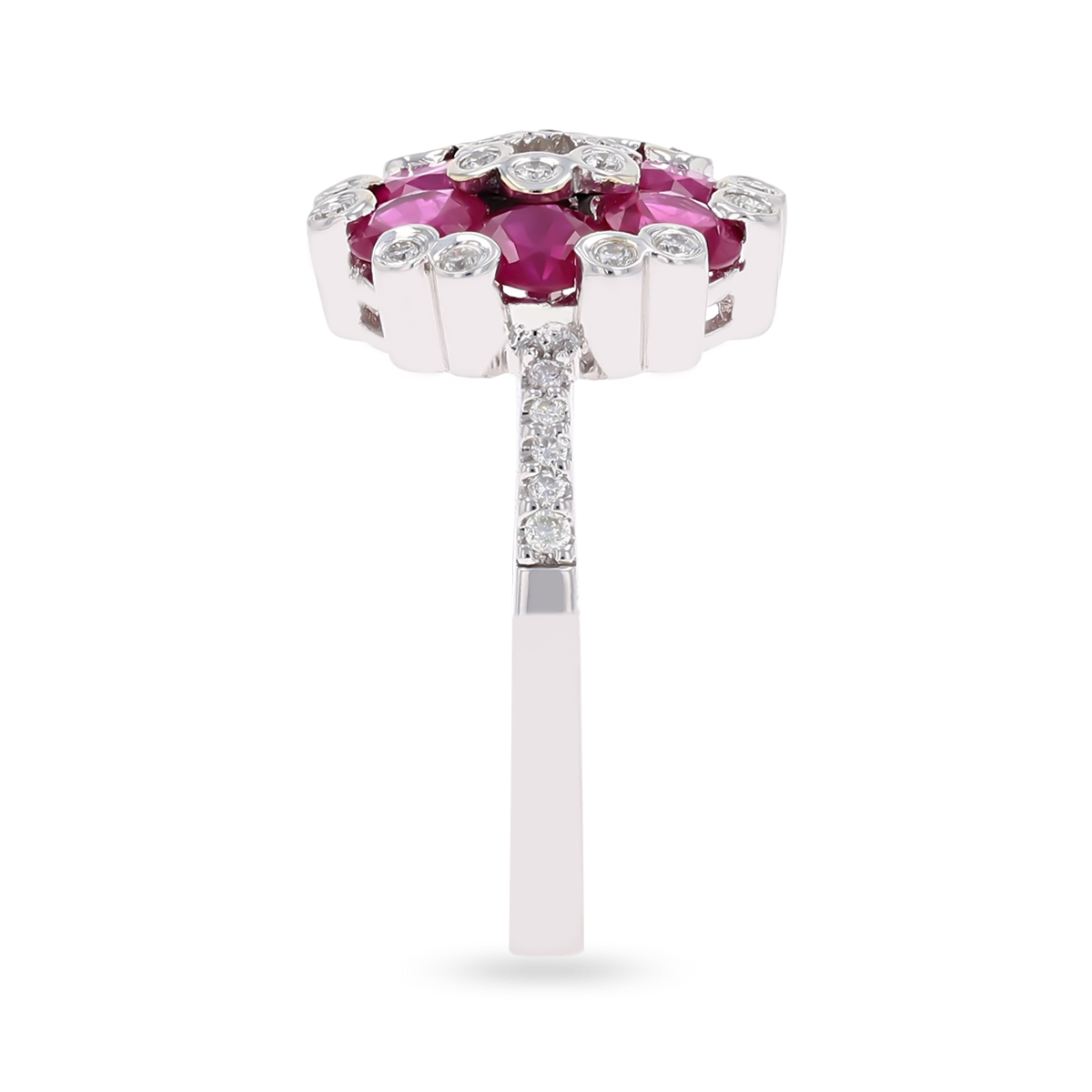 18ct White Gold Ruby & Diamond Cluster With Diamond Set Shoulders Ring