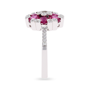 18ct White Gold Ruby & Diamond Cluster With Diamond Set Shoulders Ring