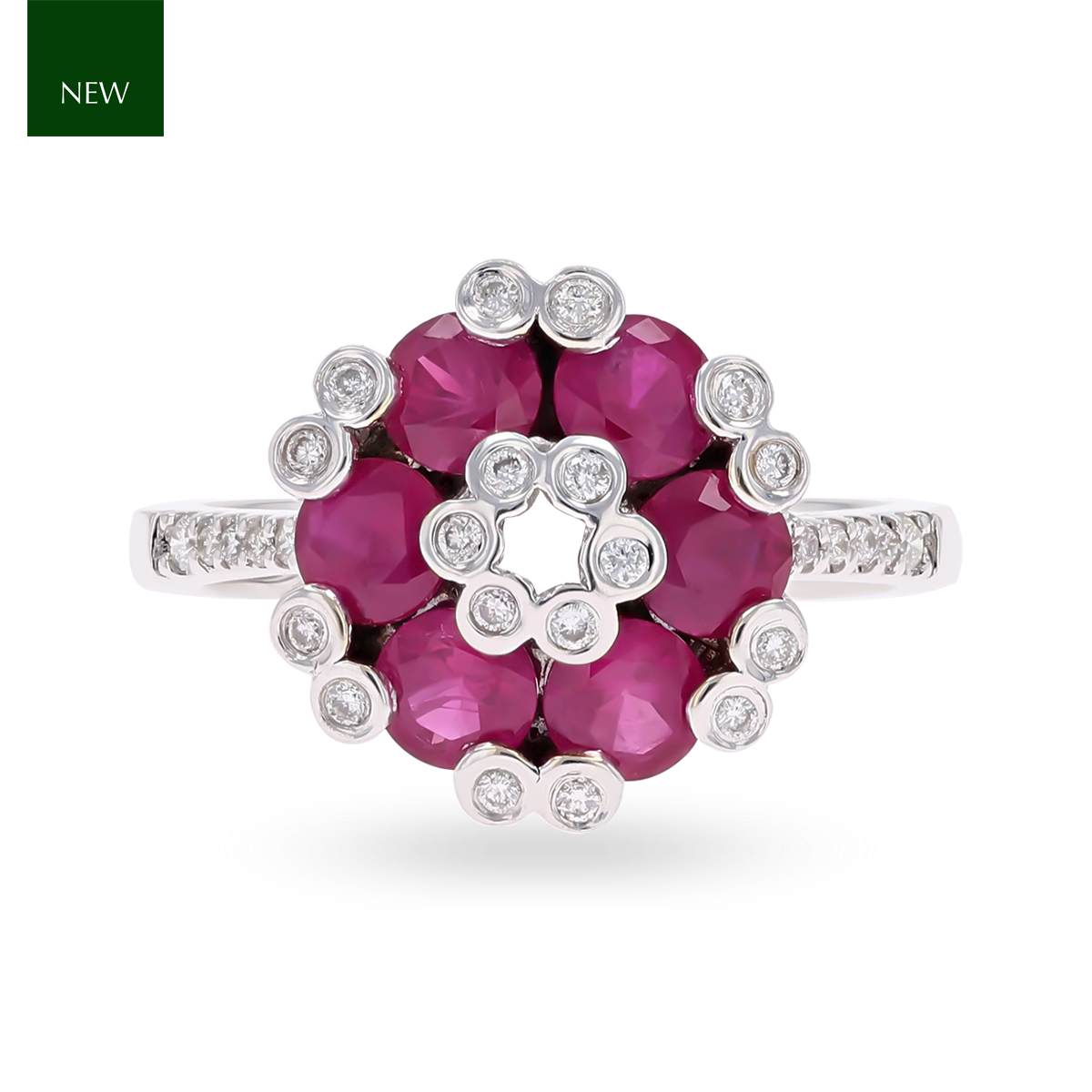 18ct White Gold Ruby & Diamond Cluster With Diamond Set Shoulders Ring