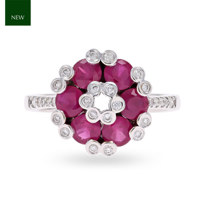 18ct White Gold Ruby & Diamond Cluster With Diamond Set Shoulders Ring