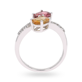 9ct White Gold Pink Tourmaline, Citrine & Diamond Toi et Moi Ring