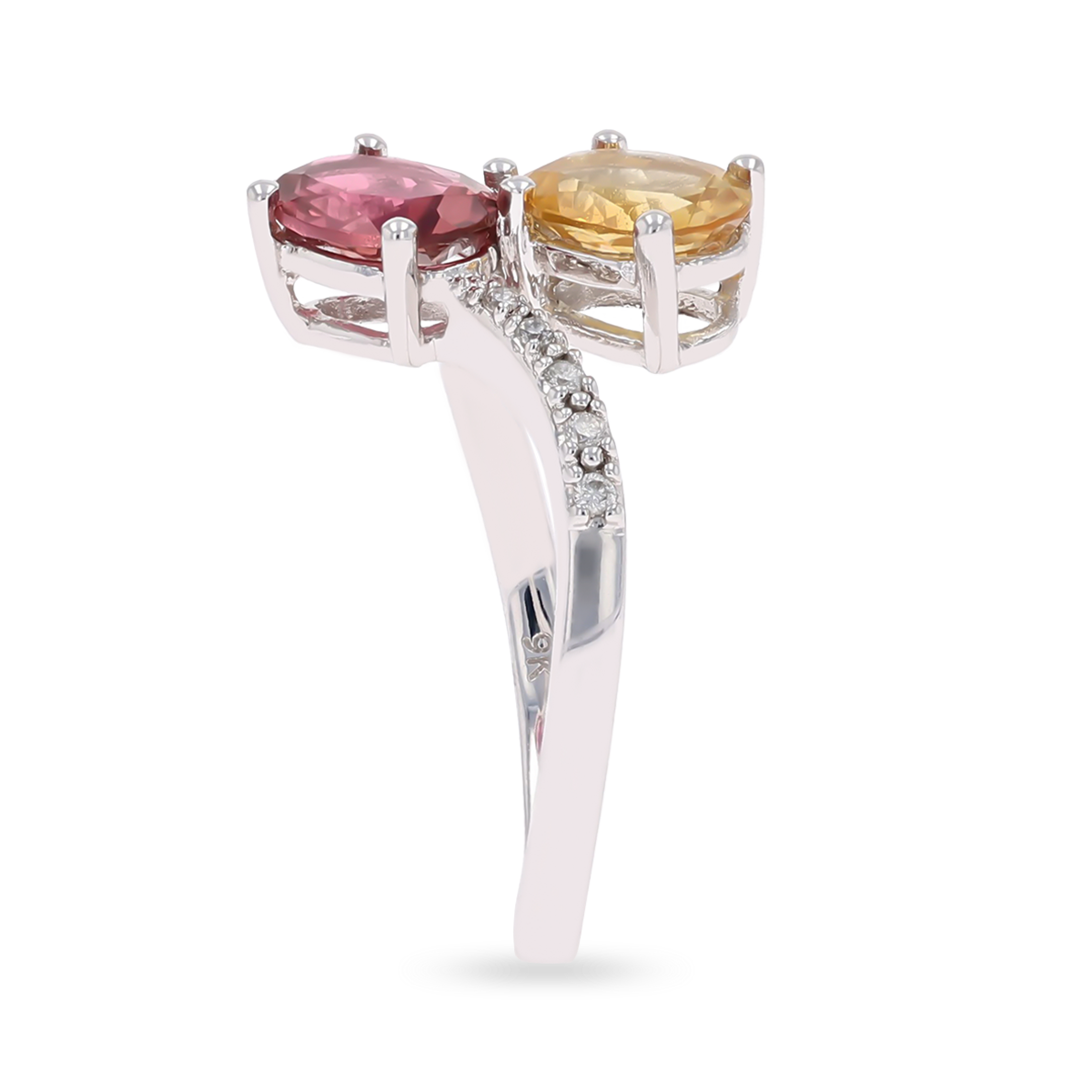 9ct White Gold Pink Tourmaline, Citrine & Diamond Toi et Moi Ring