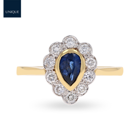 18ct Yellow Gold Pear Shaped Sapphire & Diamond Cluster Ring