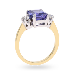 18ct Yellow Gold Cushion Shaped Tanzanite & Diamond Trilogy Ring