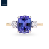 18ct Yellow Gold Cushion Shaped Tanzanite & Diamond Trilogy Ring