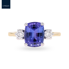 18ct Yellow Gold Cushion Shaped Tanzanite & Diamond Trilogy Ring