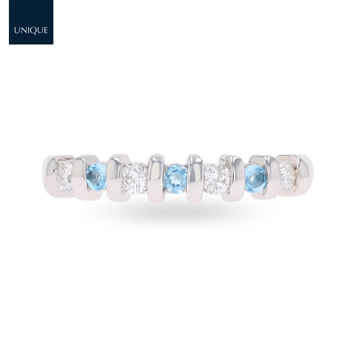 9ct White Gold Blue Topaz & 0.23cts Diamond Bar Set Eternity Ring