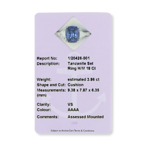 18ct White Gold Cushion Shaped Certified Tanzanite & Diamond Trilogy Ring - Certificate