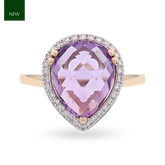 9ct Yellow Gold Pear Shaped Amethyst & Diamond Cocktail Ring