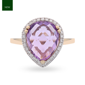 9ct Yellow Gold Pear Shaped Amethyst & Diamond Cocktail Ring