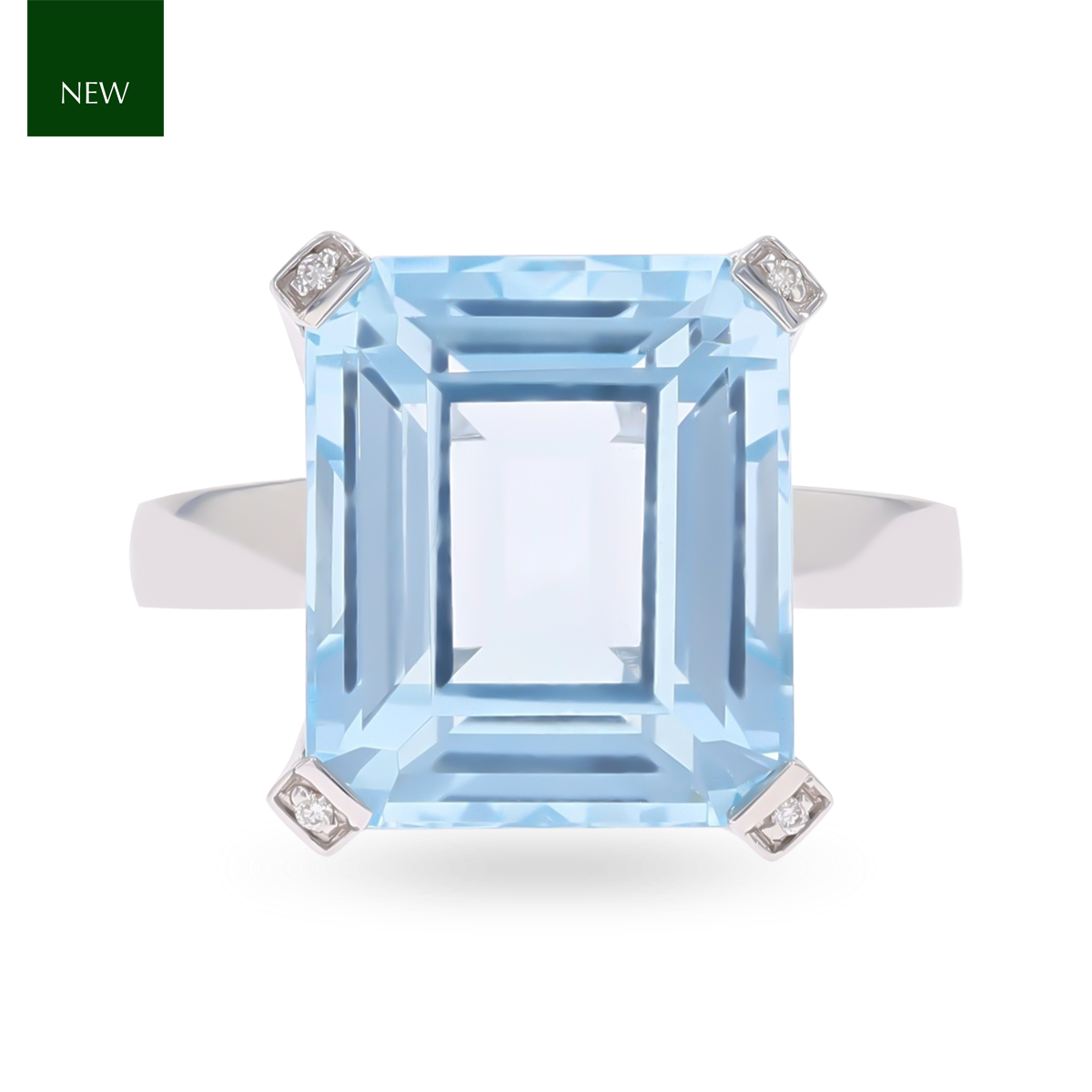 9ct White Gold Emerald Cut Blue Topaz & Diamond Cocktail Ring