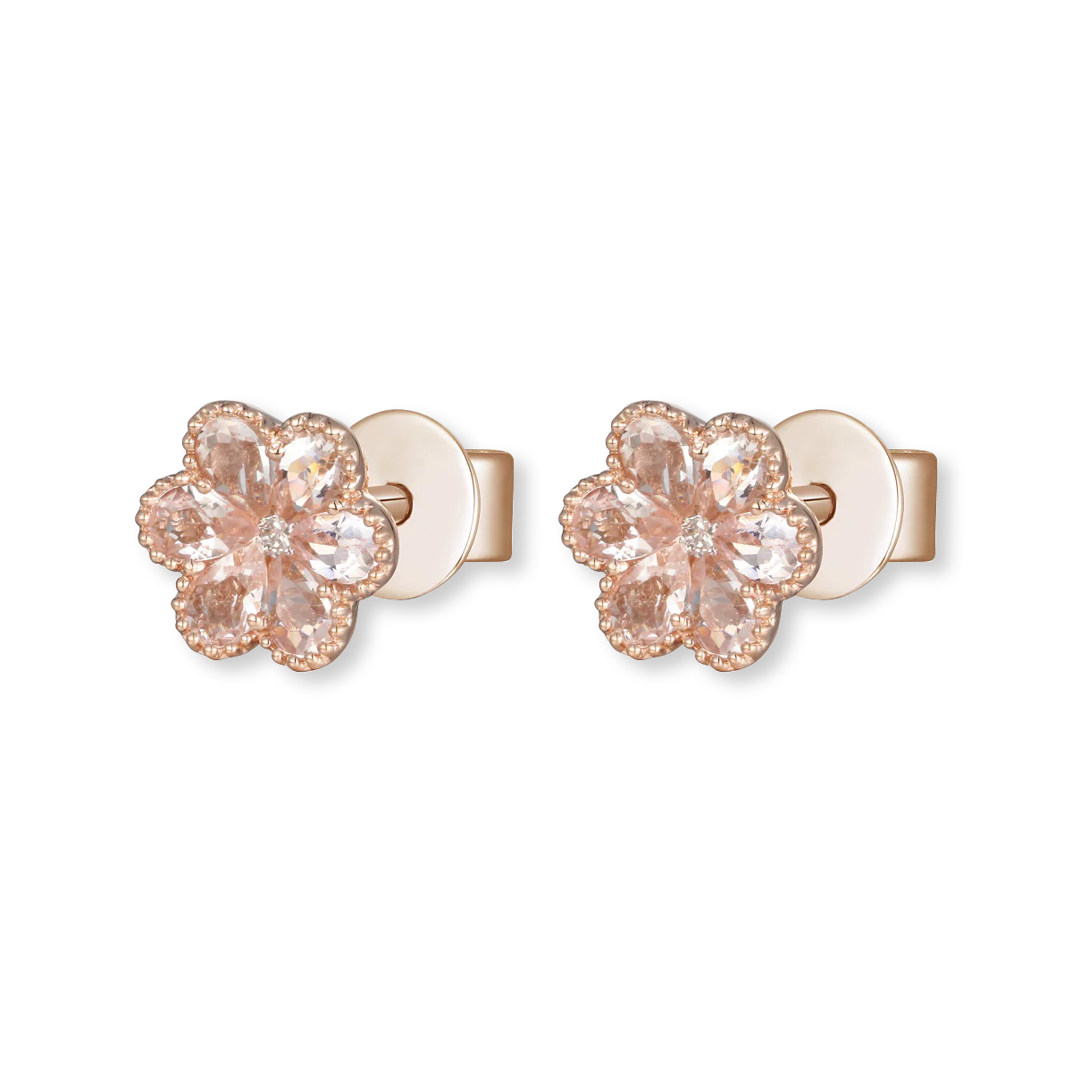 18ct Rose Gold Morganite & Diamond Flower Stud Earrings